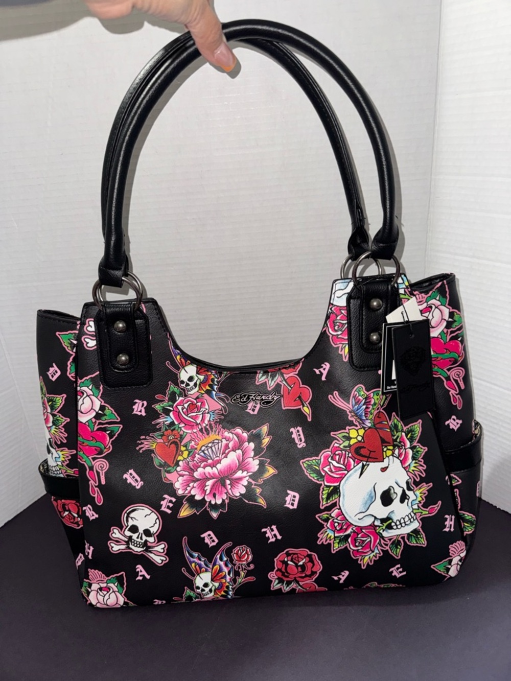Ed Hardy Black Floral Skull Tote Bag - Pink Accents BNWT